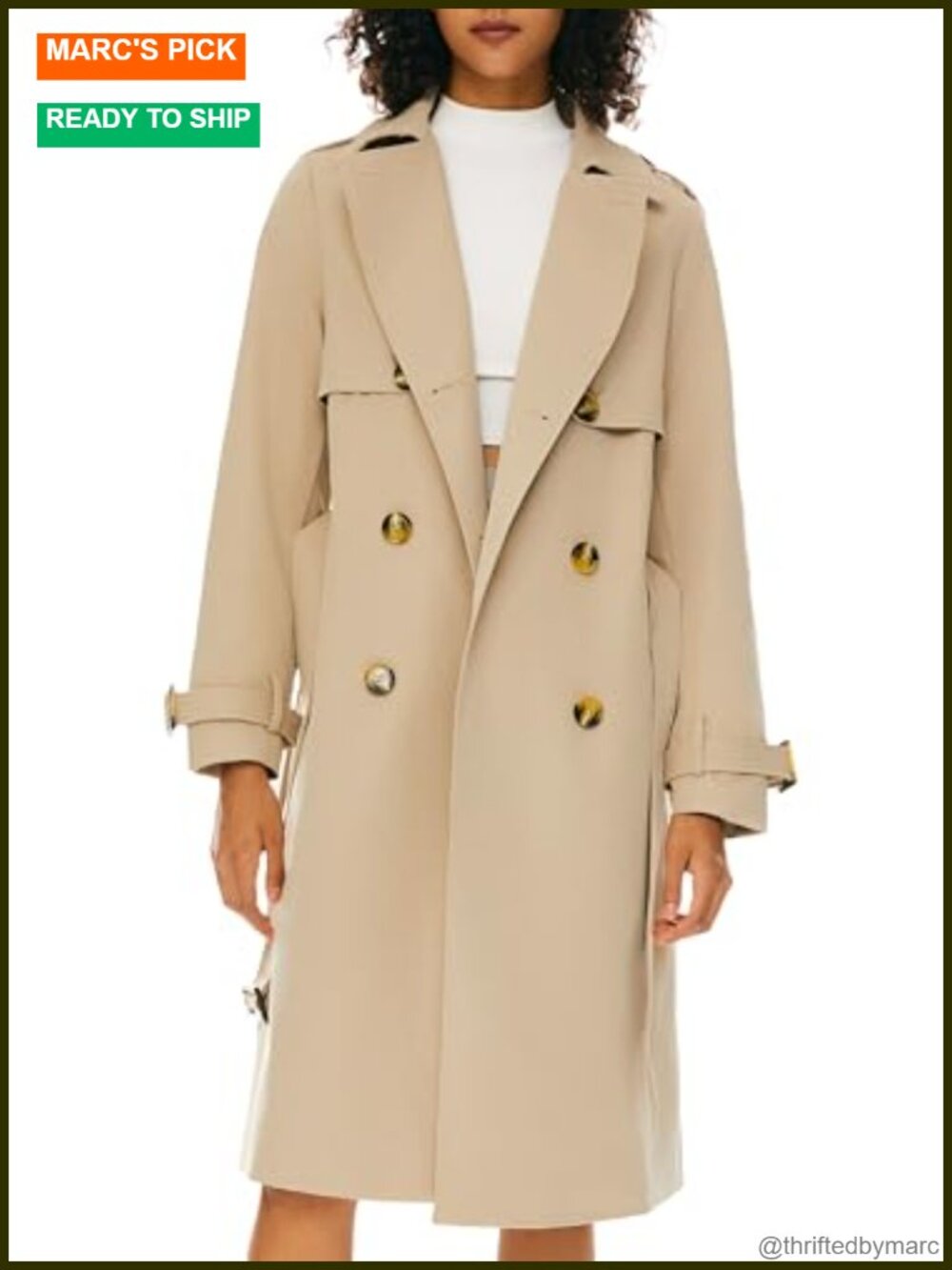 Double Breasted Trench Coat 3/4 Length Belted Lapel Jacket